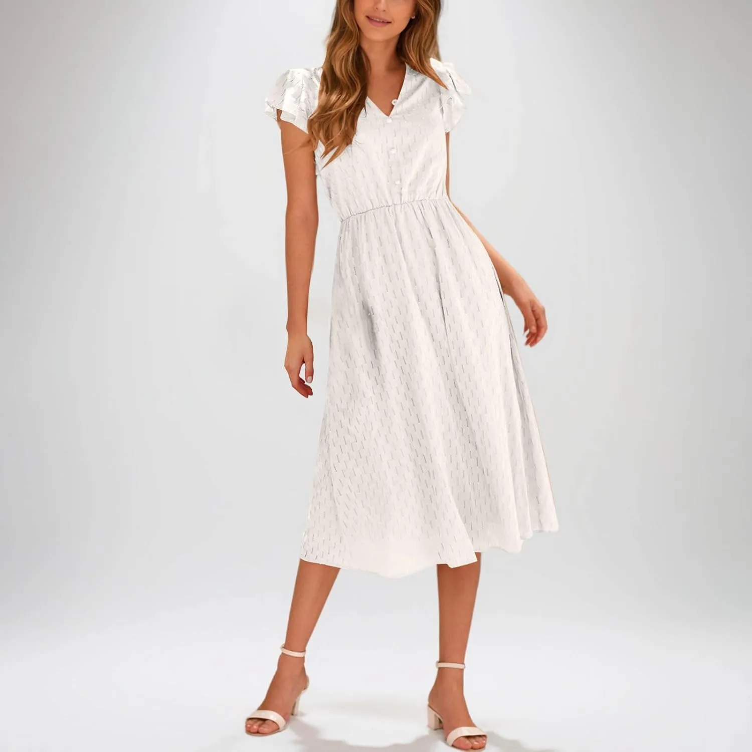 JOAU Womens Summer Casual Button Down Midi Dress Ruffle Short Sleeve V Neck Flowy A Line Beach Vacation Dresses