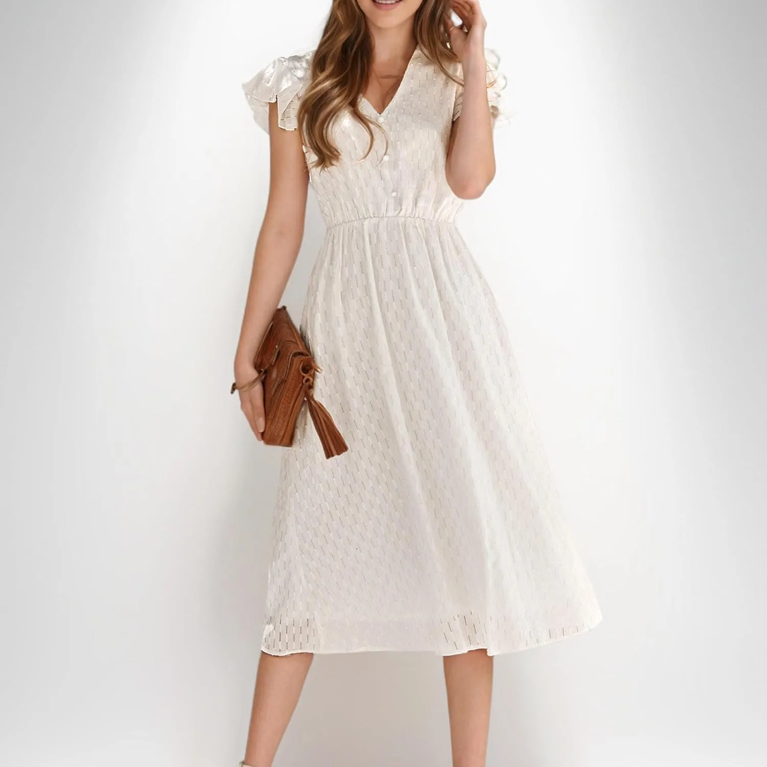 JOAU Womens Summer Casual Button Down Midi Dress Ruffle Short Sleeve V Neck Flowy A Line Beach Vacation Dresses