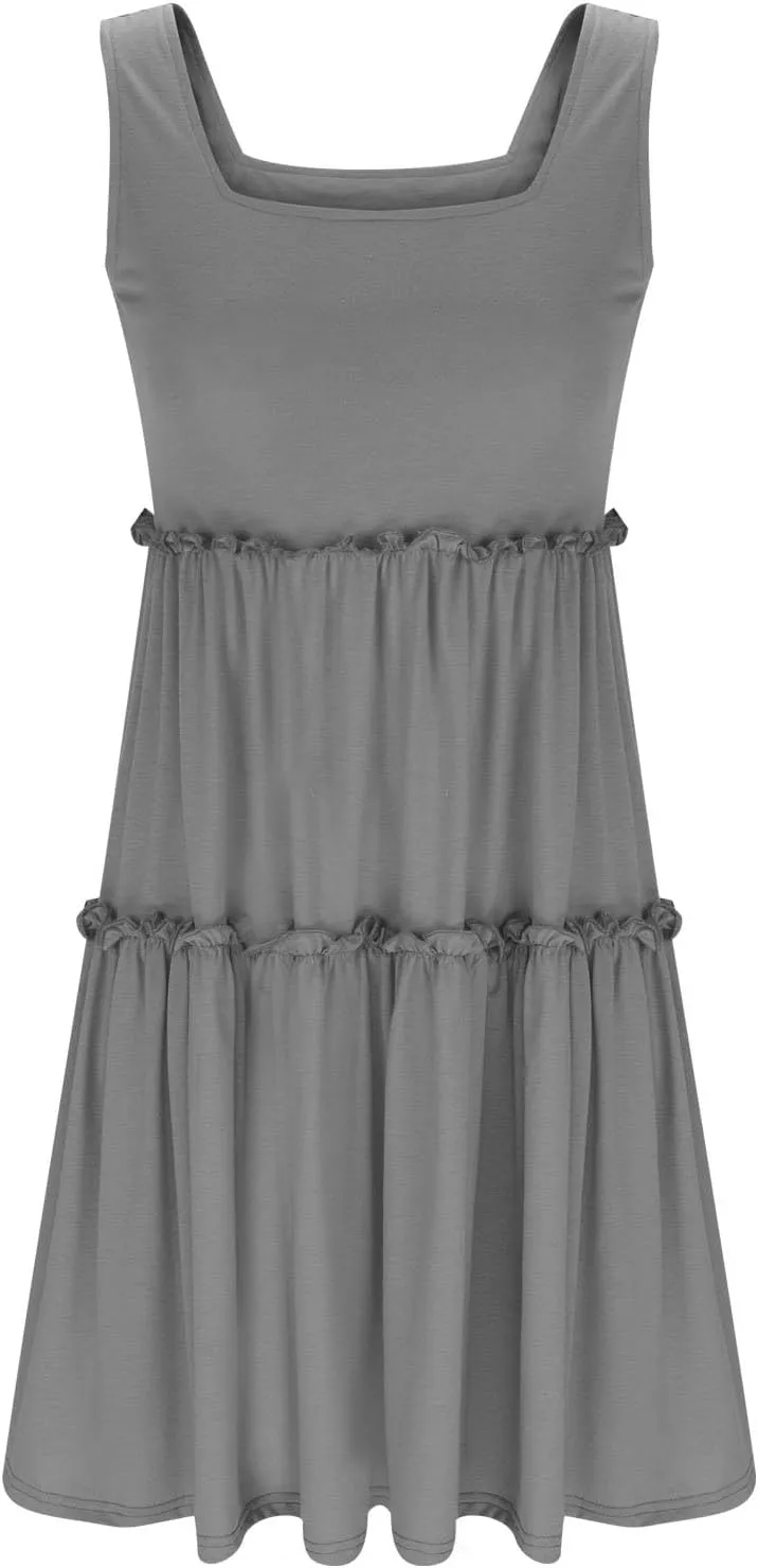 JOAU Womens Summer Casual Square Neck A Line Mini Sundress Sleeveless Flowy Ruffle Tiered Tank Dress Beach Vacation Outfits