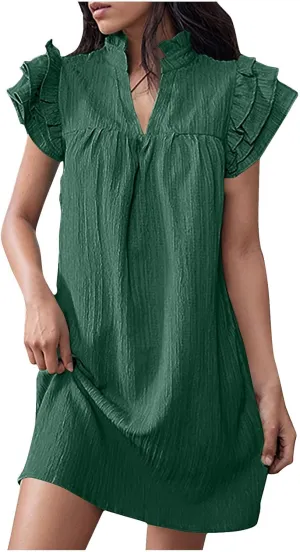 JOAU Womens Summer Dress 2024 Ruffle Short Sleeve V Neck A-Line Mini Dresses Casual Loose Mock Neck Babydoll Shift Dress