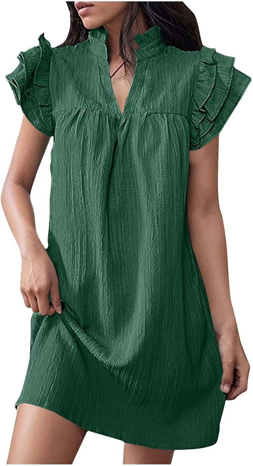 JOAU Womens Summer Dress 2024 Ruffle Short Sleeve V Neck A-Line Mini Dresses Casual Loose Mock Neck Babydoll Shift Dress