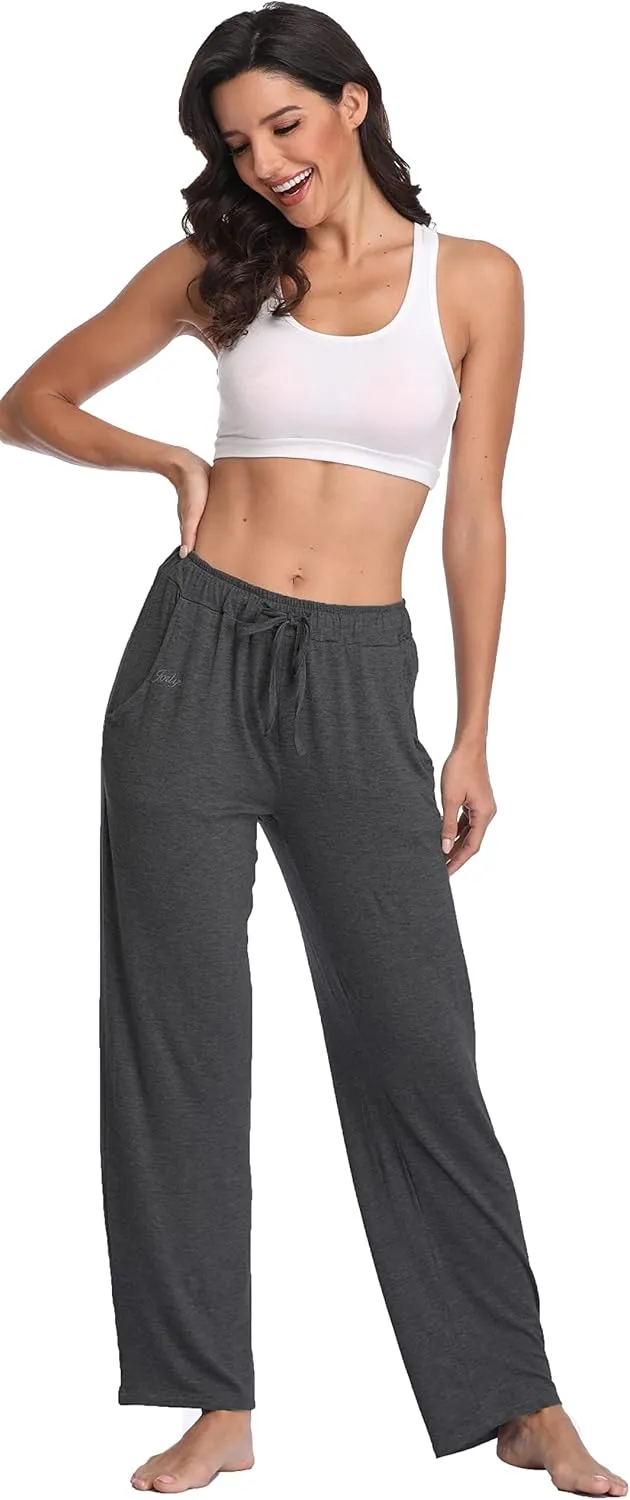 Jorlyen Women's Yoga Pants Long Modal Comfy Drawstring Trousers Loose Straight-Leg for Yoga Running Sporting with Pockets