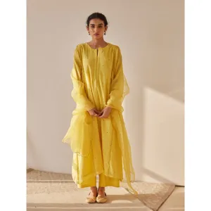 Juanita Yellow Handwoven Chanderi Kurta & Pant with Dupatta (Set of 3)