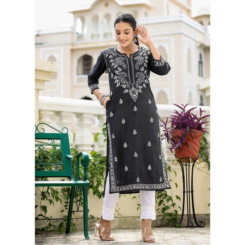 KAAJH Black Chikhankari Embroidered Kurta with Pant (Set of 2)
