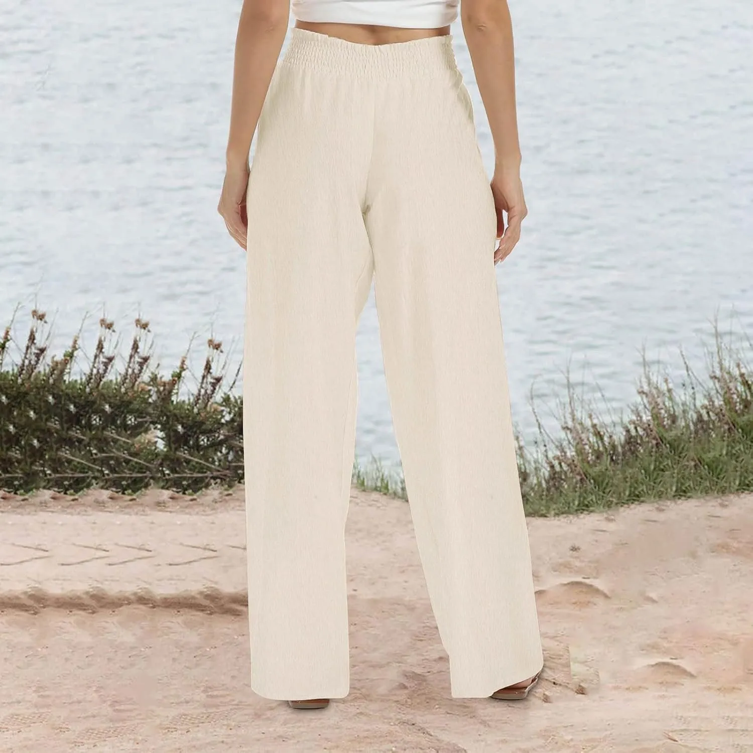 Lastesso Linen Pants Women Trendy High Waist Wide Leg Trousers with Pockets Loose Comfy Cotton Linen Lounge Homewaer Pants
