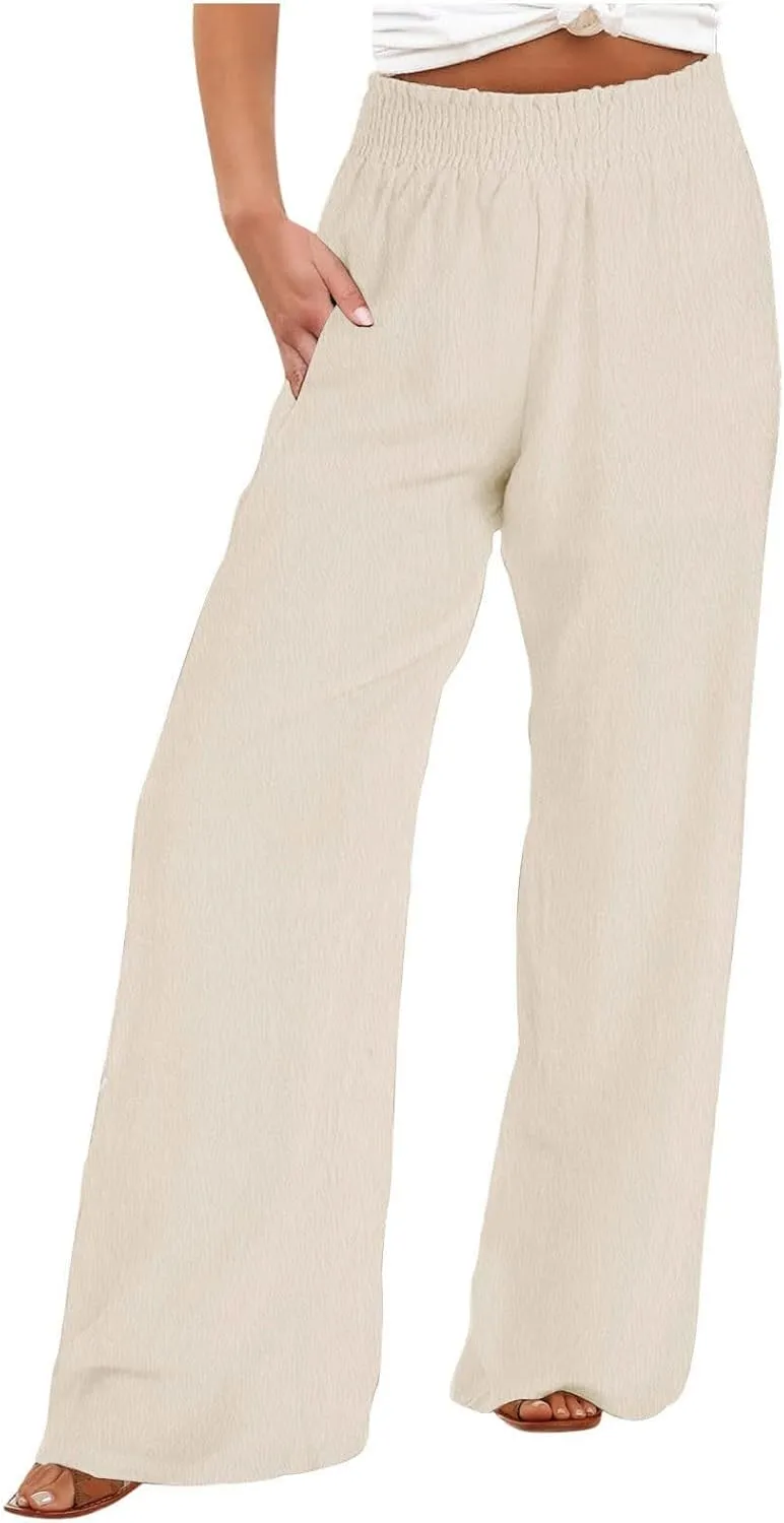 Lastesso Linen Pants Women Trendy High Waist Wide Leg Trousers with Pockets Loose Comfy Cotton Linen Lounge Homewaer Pants