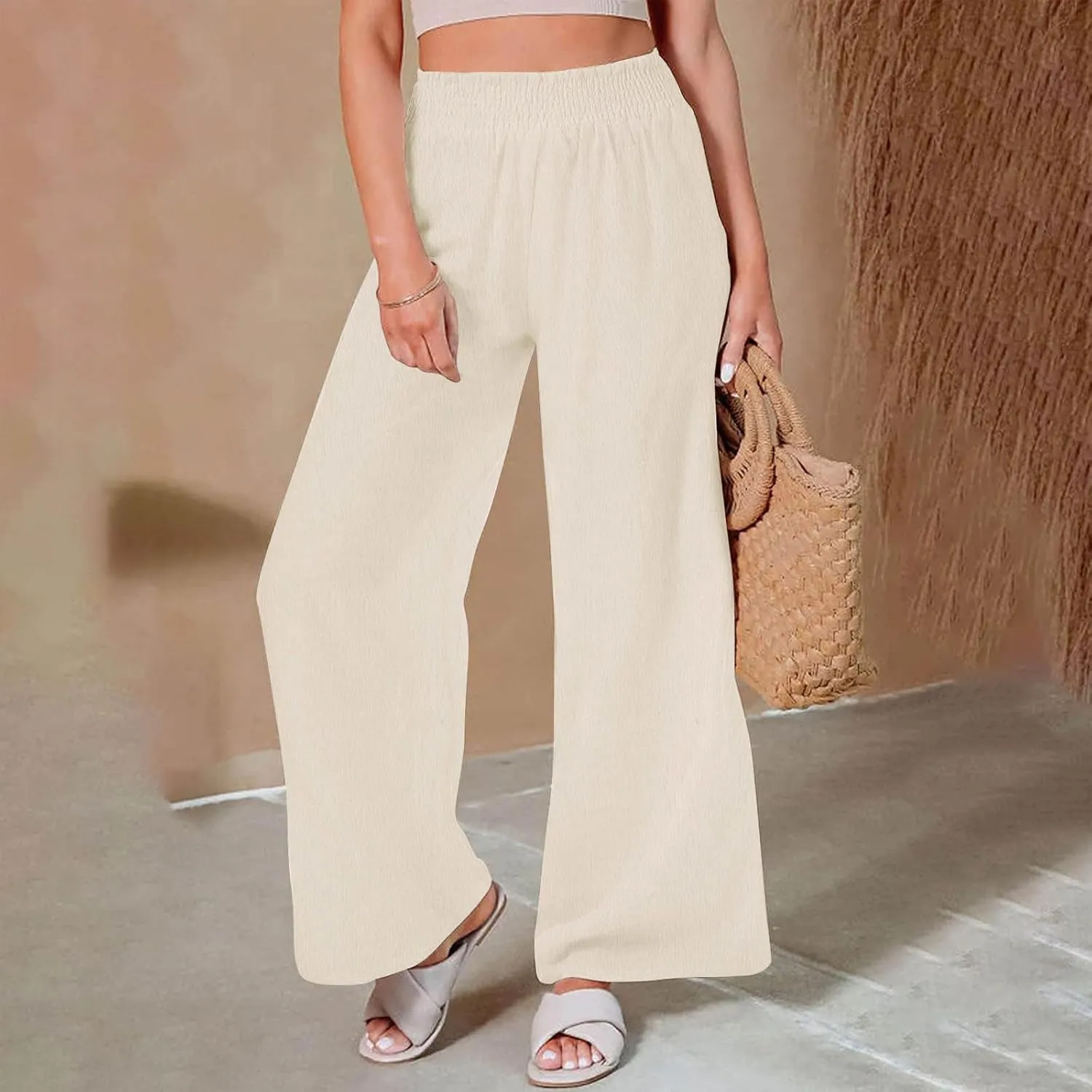 Lastesso Linen Pants Women Trendy High Waist Wide Leg Trousers with Pockets Loose Comfy Cotton Linen Lounge Homewaer Pants