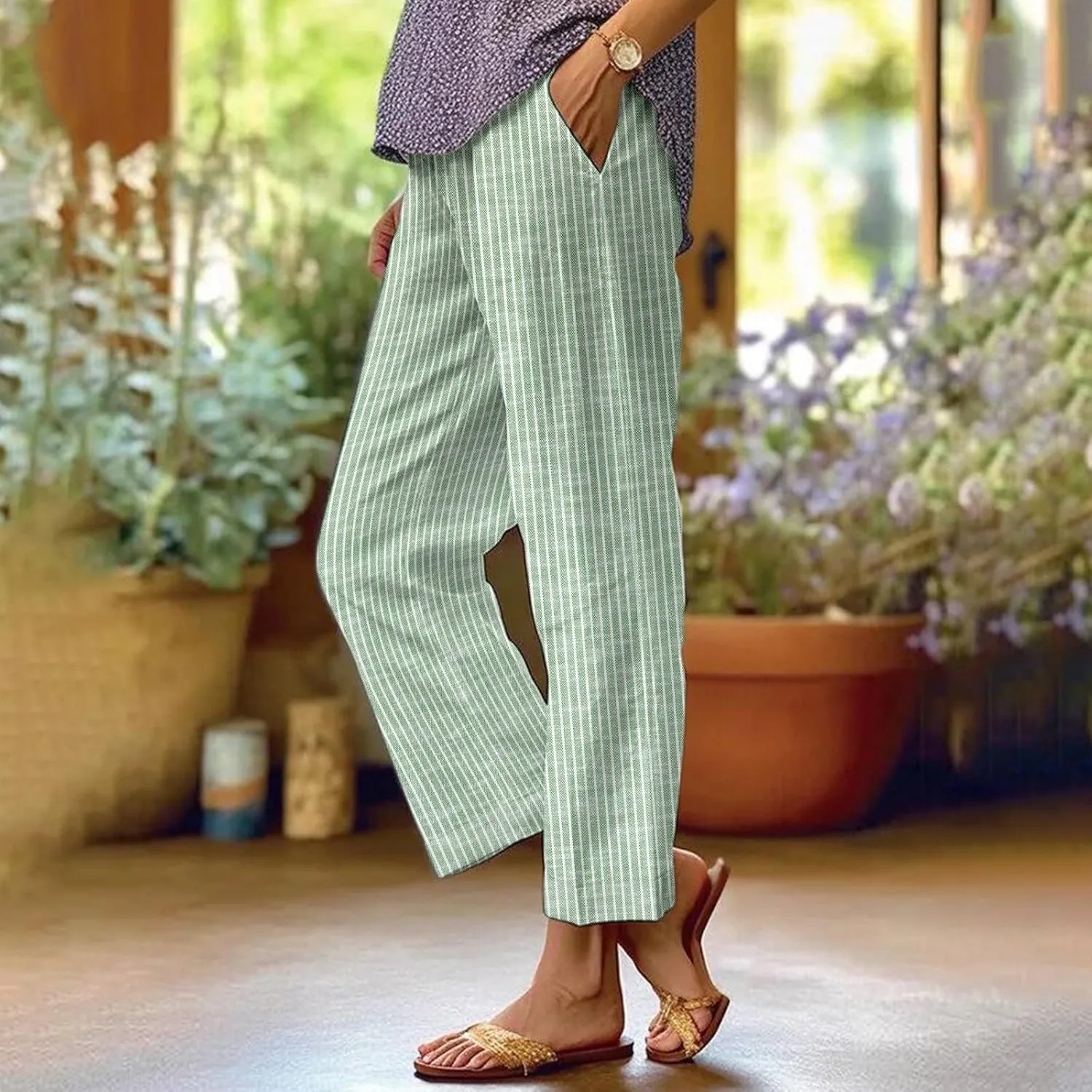 Leggings for Women Solid Elastic Pants Long Drawstring Linen Women Waist Cotton Casual Slit Trouser Legs Pants
