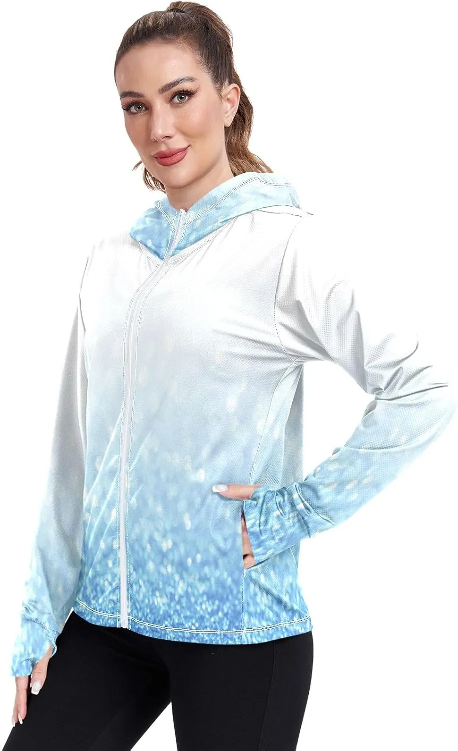 Light Glitter Womens Upf Hoodie Athletic Jacket with Thumb Holes Women's Hoodie Zip Front Rash Guard