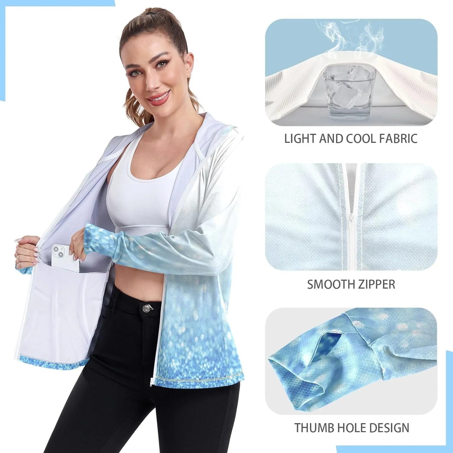 Light Glitter Womens Upf Hoodie Athletic Jacket with Thumb Holes Women's Hoodie Zip Front Rash Guard