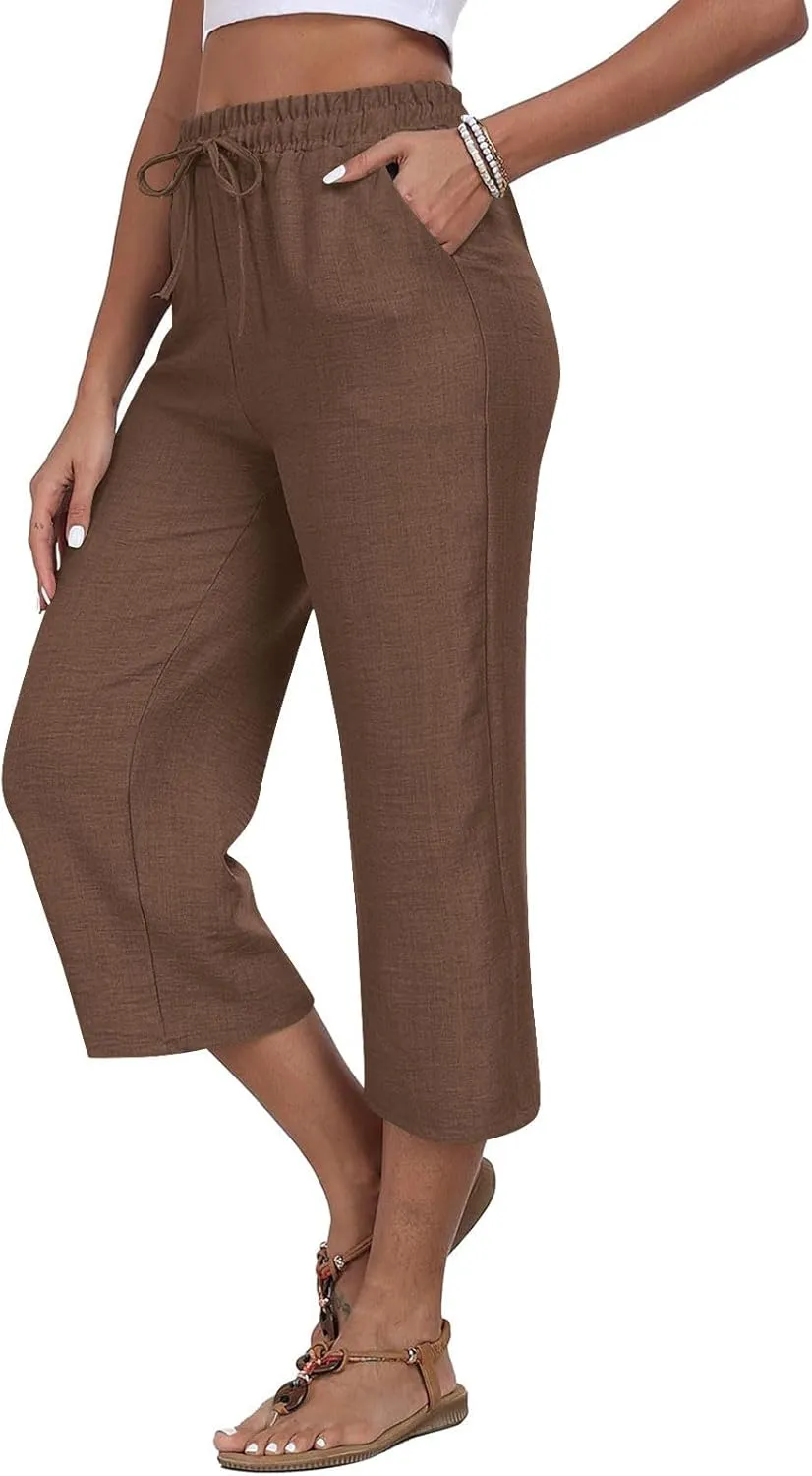 Linen Capri Pants for Women 2025 Casual Elastic Waist Cropped Trouser Trendy Resort Wear Beach Vacation Capris Clothes