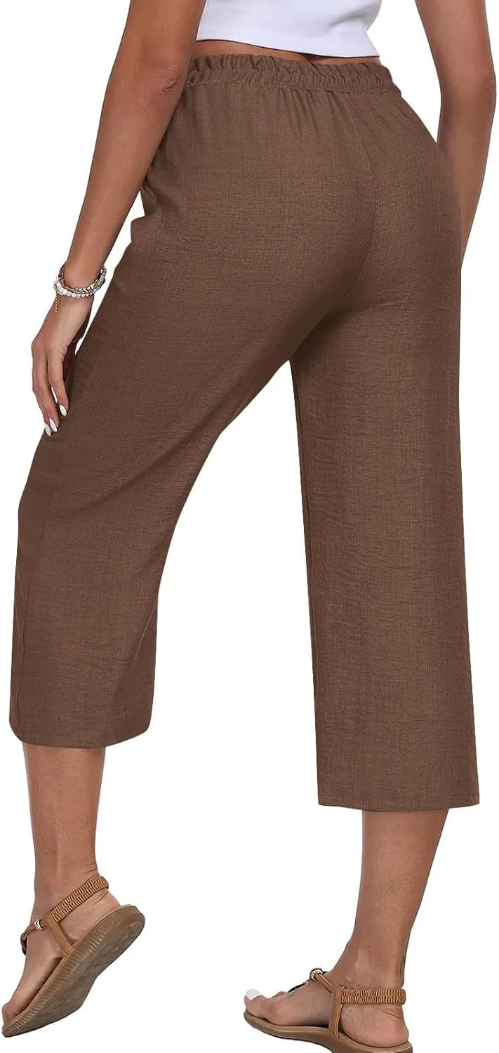 Linen Capri Pants for Women 2025 Casual Elastic Waist Cropped Trouser Trendy Resort Wear Beach Vacation Capris Clothes