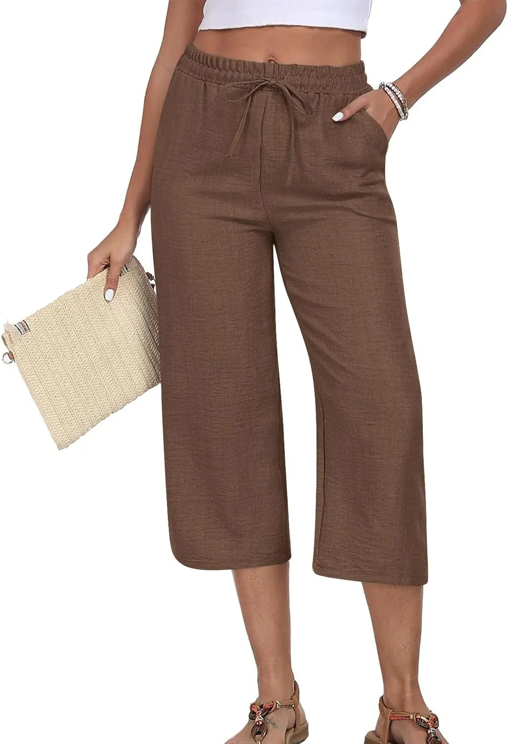 Linen Capri Pants for Women 2025 Casual Elastic Waist Cropped Trouser Trendy Resort Wear Beach Vacation Capris Clothes