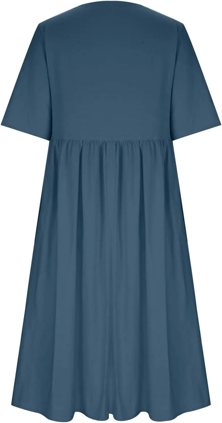 Linen Dresses for Women Short Sleeve Crewneck Dress with Pockets Floral Print Shirt Dress Cotton Linen Casual Dress