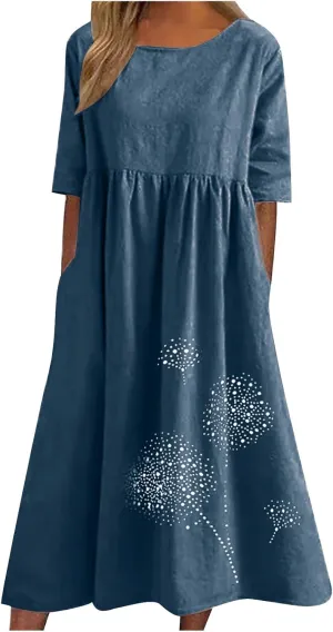 Linen Dresses for Women Short Sleeve Crewneck Dress with Pockets Floral Print Shirt Dress Cotton Linen Casual Dress
