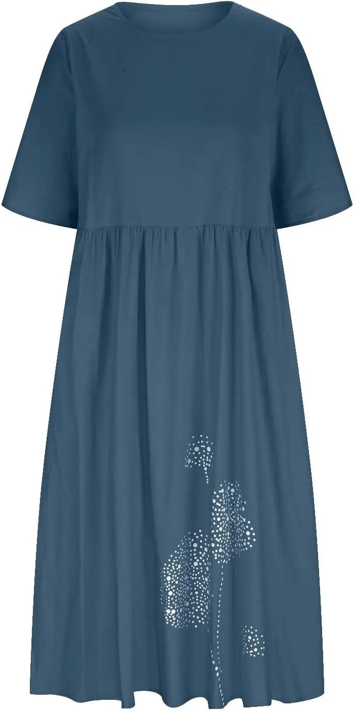 Linen Dresses for Women Short Sleeve Crewneck Dress with Pockets Floral Print Shirt Dress Cotton Linen Casual Dress