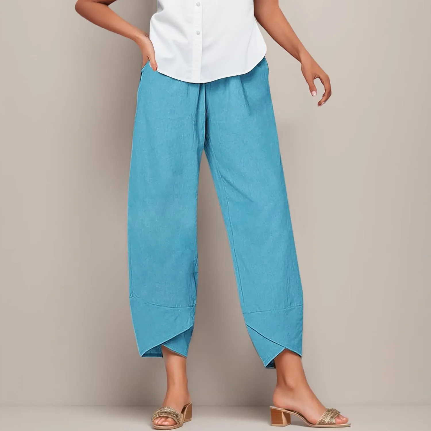 Linen Pants for Women Baggy Capri Pants Summer Casual Capri Pants High Waisted Comfy Cropped Palazzo Trousers