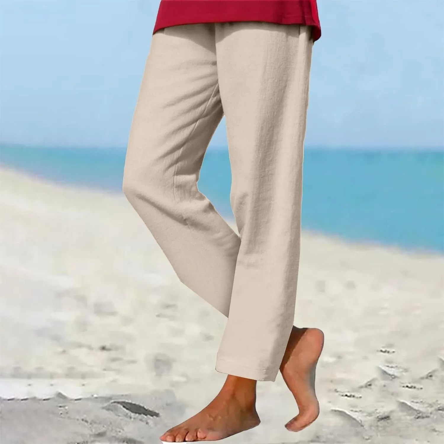 Linen Pants for Women Summer Lightweight Drawstring Waisted Casual Trousers Wide Leg Beach Lounge Pants with Pockets