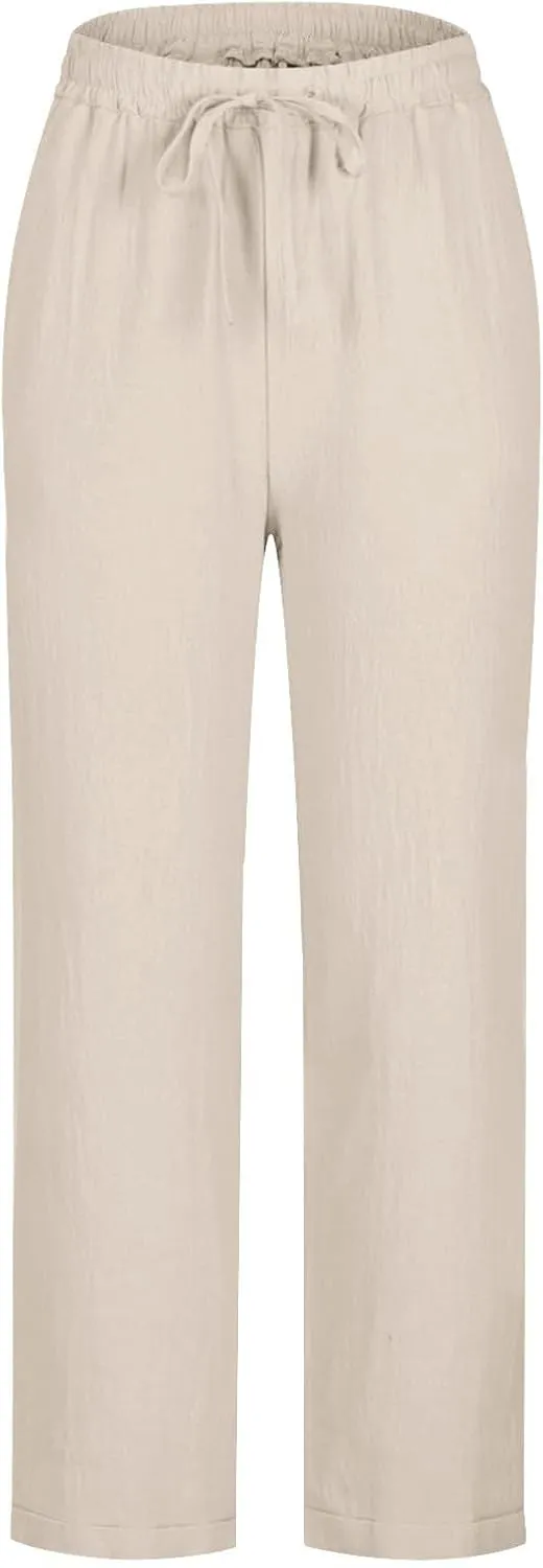 Linen Pants for Women Summer Lightweight Drawstring Waisted Casual Trousers Wide Leg Beach Lounge Pants with Pockets