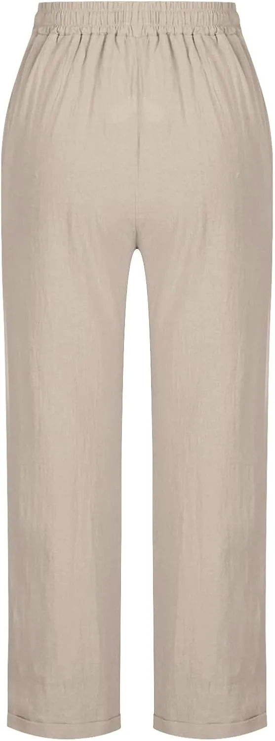 Linen Pants for Women Summer Lightweight Drawstring Waisted Casual Trousers Wide Leg Beach Lounge Pants with Pockets