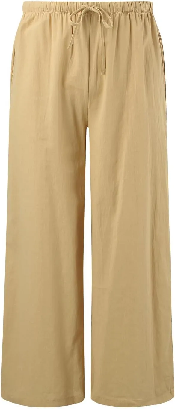 Linen Pants Women Beach Boho Wide Leg Drawstring White Cotton Linen Palazzo Flowy Pants Resort Wear for Women 2025