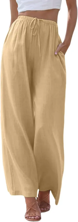 Linen Pants Women Beach Boho Wide Leg Drawstring White Cotton Linen Palazzo Flowy Pants Resort Wear for Women 2025