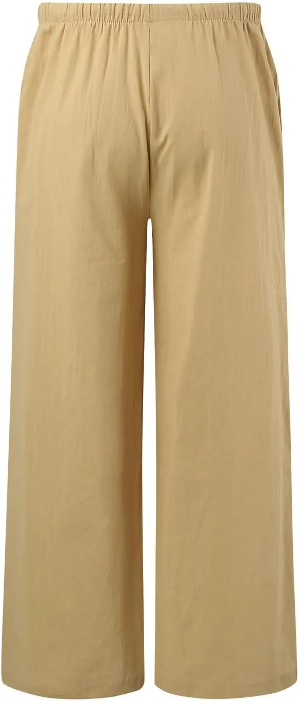Linen Pants Women Beach Boho Wide Leg Drawstring White Cotton Linen Palazzo Flowy Pants Resort Wear for Women 2025