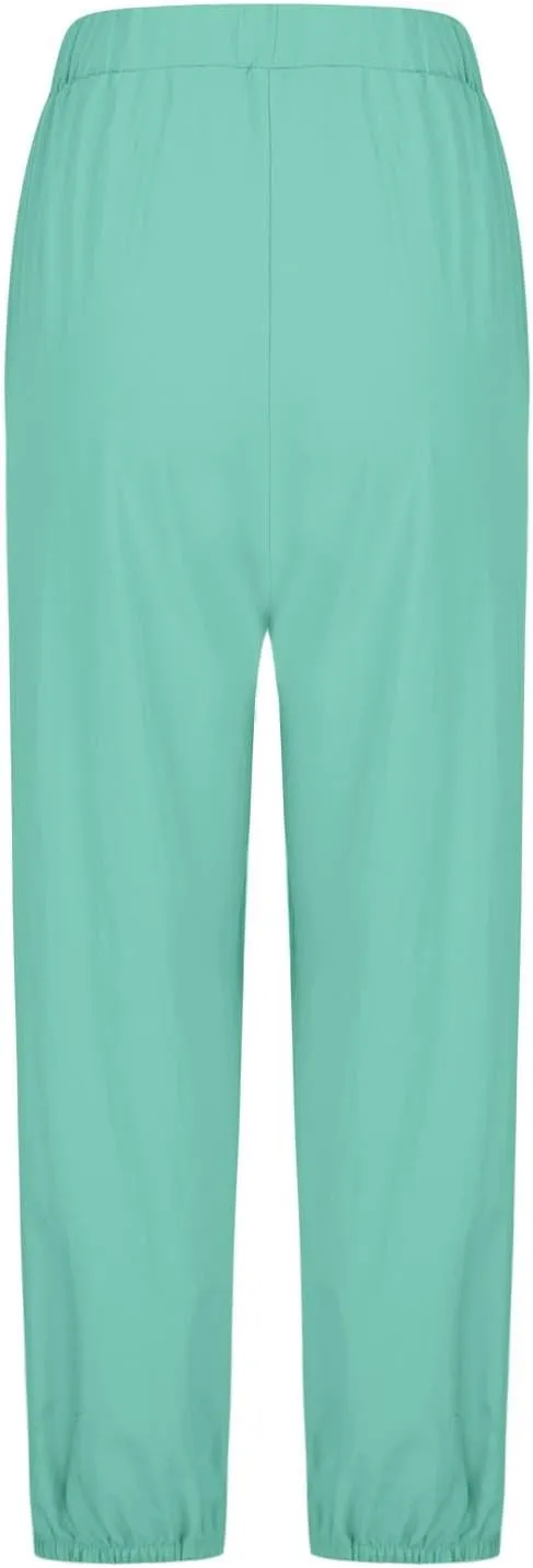 Linen Pants Women Drawstring Capri Pants Summer Casual High Waist Pants Button Slit Trousers Baggy Slacks with Pocket