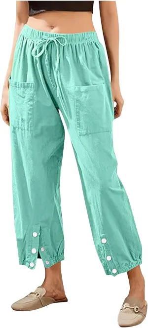 Linen Pants Women Drawstring Capri Pants Summer Casual High Waist Pants Button Slit Trousers Baggy Slacks with Pocket
