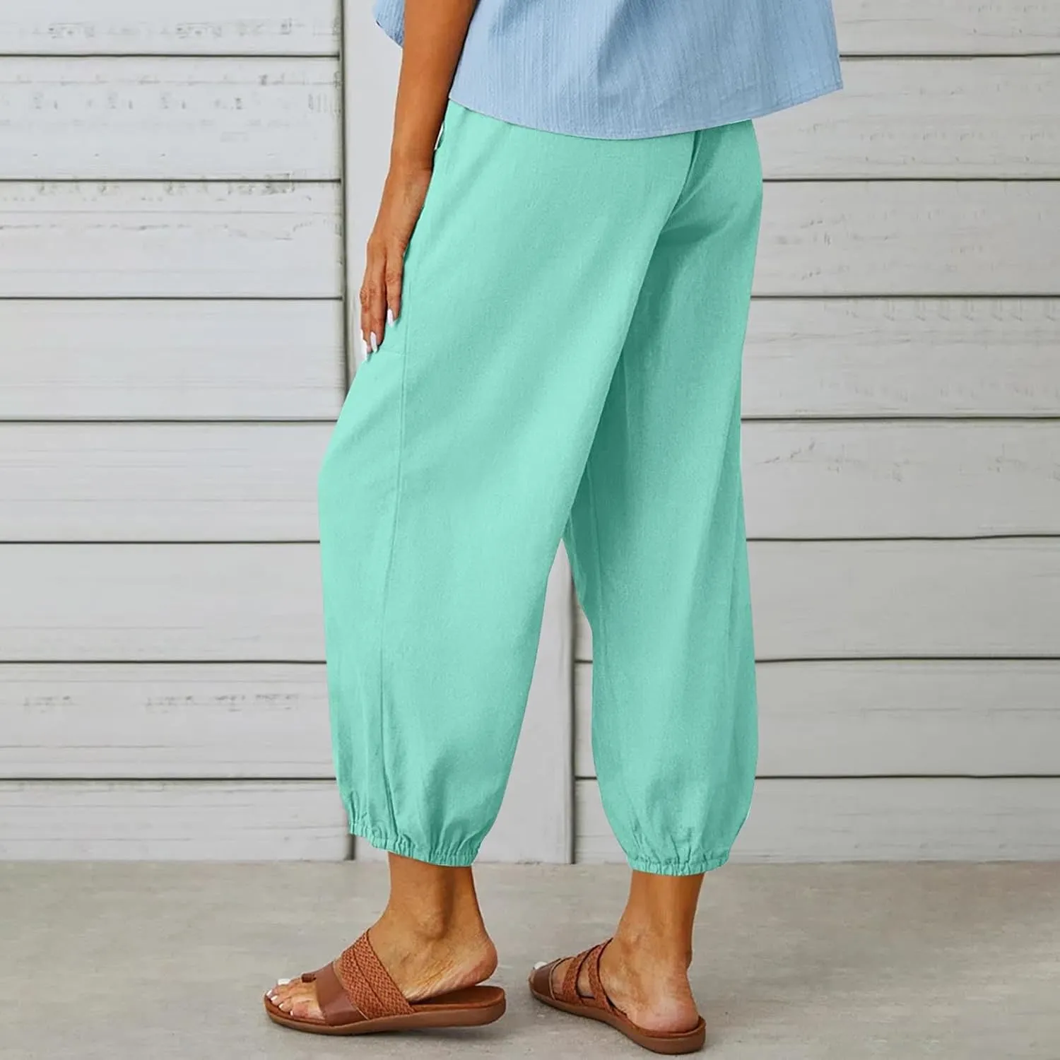 Linen Pants Women Drawstring Capri Pants Summer Casual High Waist Pants Button Slit Trousers Baggy Slacks with Pocket