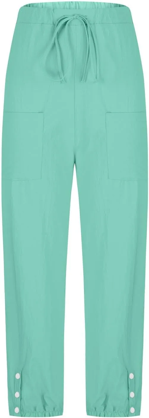 Linen Pants Women Drawstring Capri Pants Summer Casual High Waist Pants Button Slit Trousers Baggy Slacks with Pocket