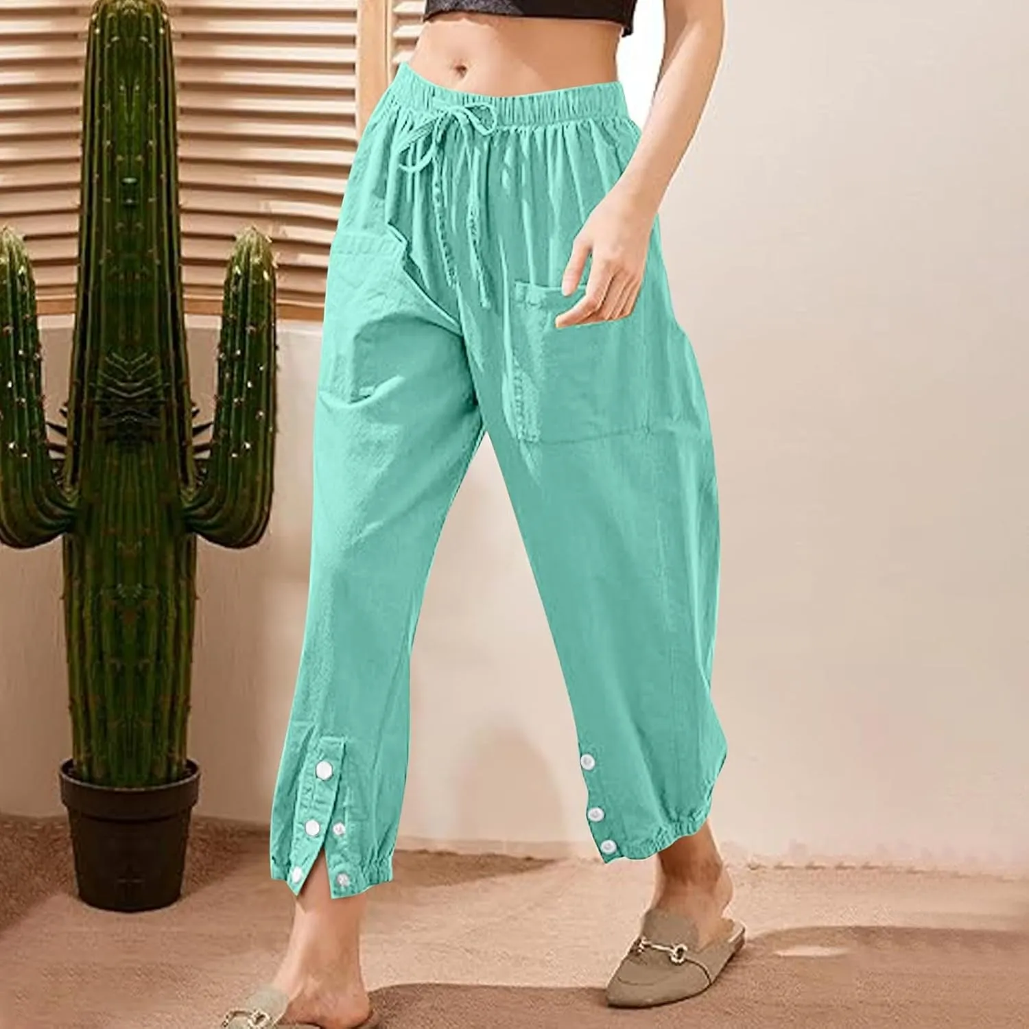 Linen Pants Women Drawstring Capri Pants Summer Casual High Waist Pants Button Slit Trousers Baggy Slacks with Pocket