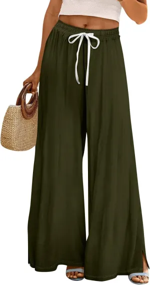 Linen Pants Women High Waisted Wide Leg Pants Drawstring Palazzo Lounge Pant Summer Beach Vacation Trousers