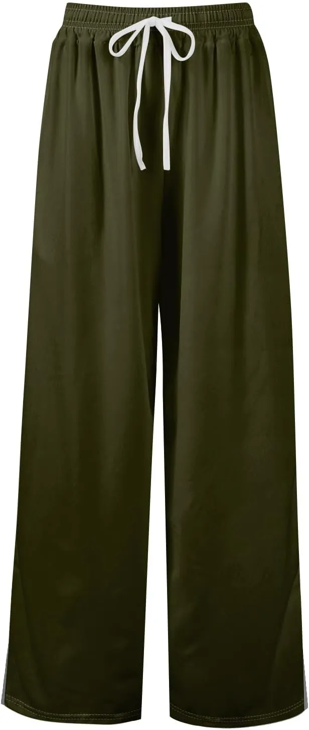 Linen Pants Women High Waisted Wide Leg Pants Drawstring Palazzo Lounge Pant Summer Beach Vacation Trousers