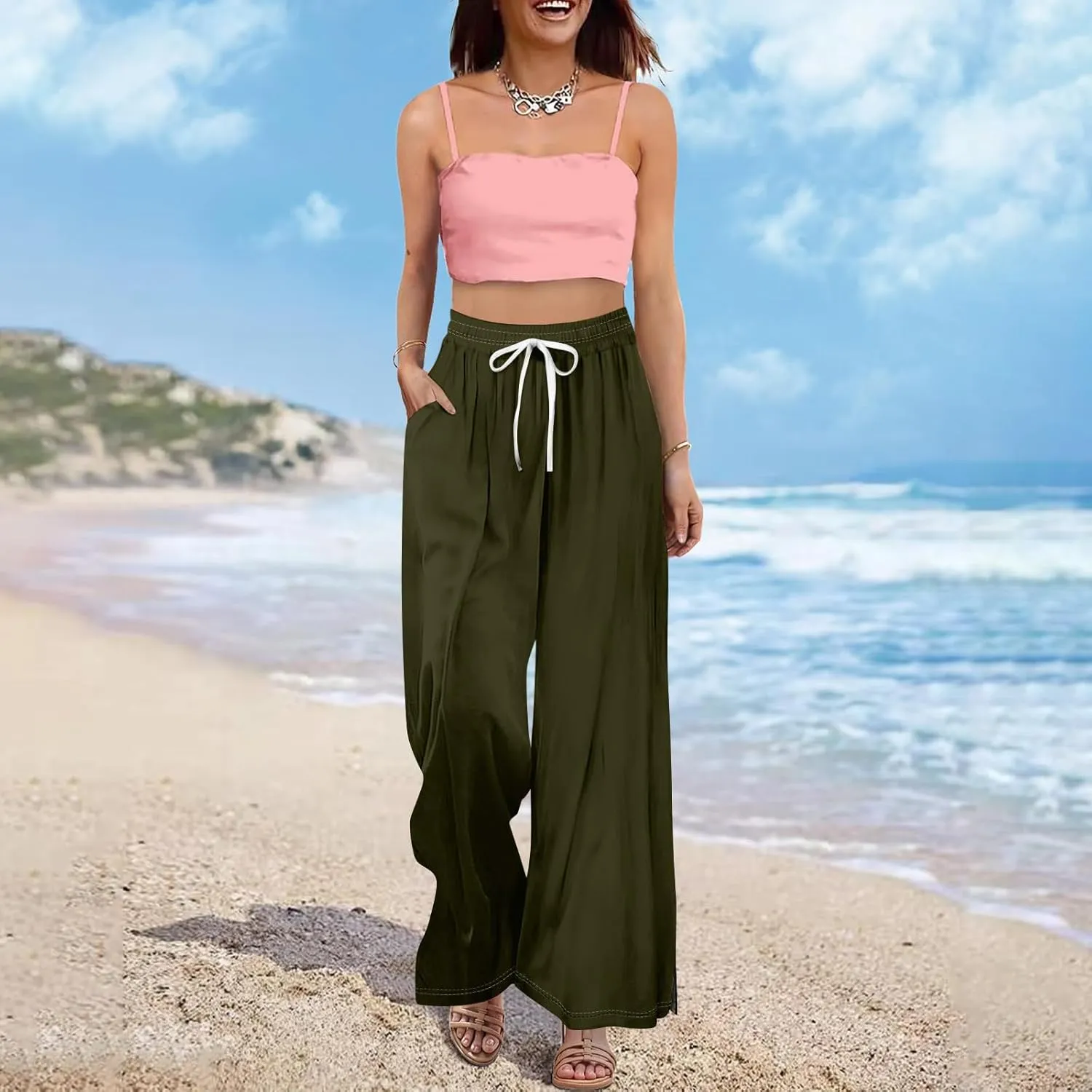 Linen Pants Women High Waisted Wide Leg Pants Drawstring Palazzo Lounge Pant Summer Beach Vacation Trousers