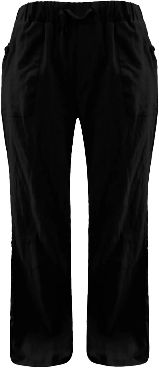 Linen Pants Women Straight Leg Low Rise Lounge Palazzo Capri Pants Summer Drawstring Casual Work Pants Trousers 2025