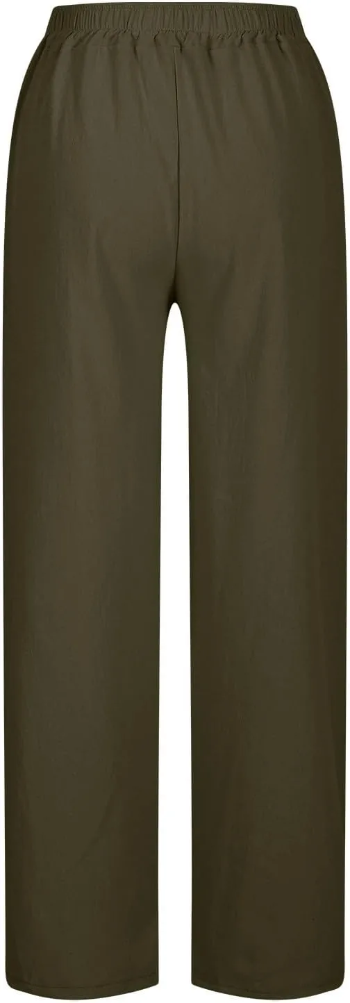 Linen Pants Women Summer Beach Elastic High Waist Lounge Pant Straight Leg Casual Loose Lightweight Fashion Trousers