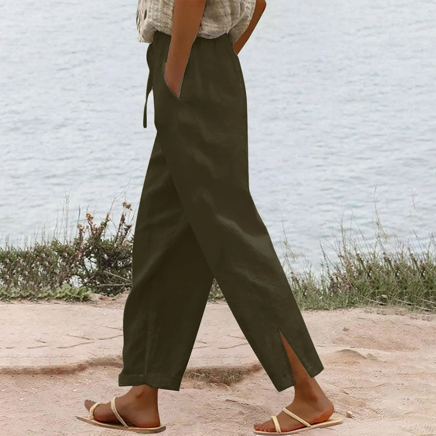 Linen Pants Women Summer Beach Elastic High Waist Lounge Pant Straight Leg Casual Loose Lightweight Fashion Trousers