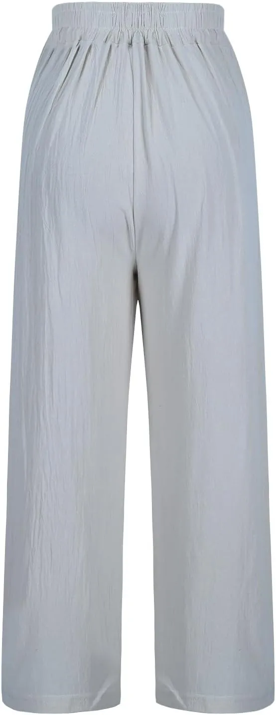 Linen Pants Women Summer Boho Floral Embroidered Pants Wide Leg Palazzo Crop Ankle Pants Comfy Lounge Trousers
