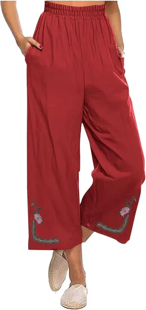 Linen Pants Women Summer Boho Floral Embroidered Pants Wide Leg Palazzo Crop Ankle Pants Comfy Lounge Trousers