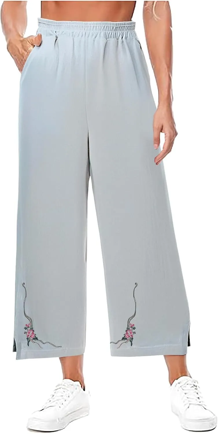 Linen Pants Women Summer Boho Floral Embroidered Pants Wide Leg Palazzo Crop Ankle Pants Comfy Lounge Trousers