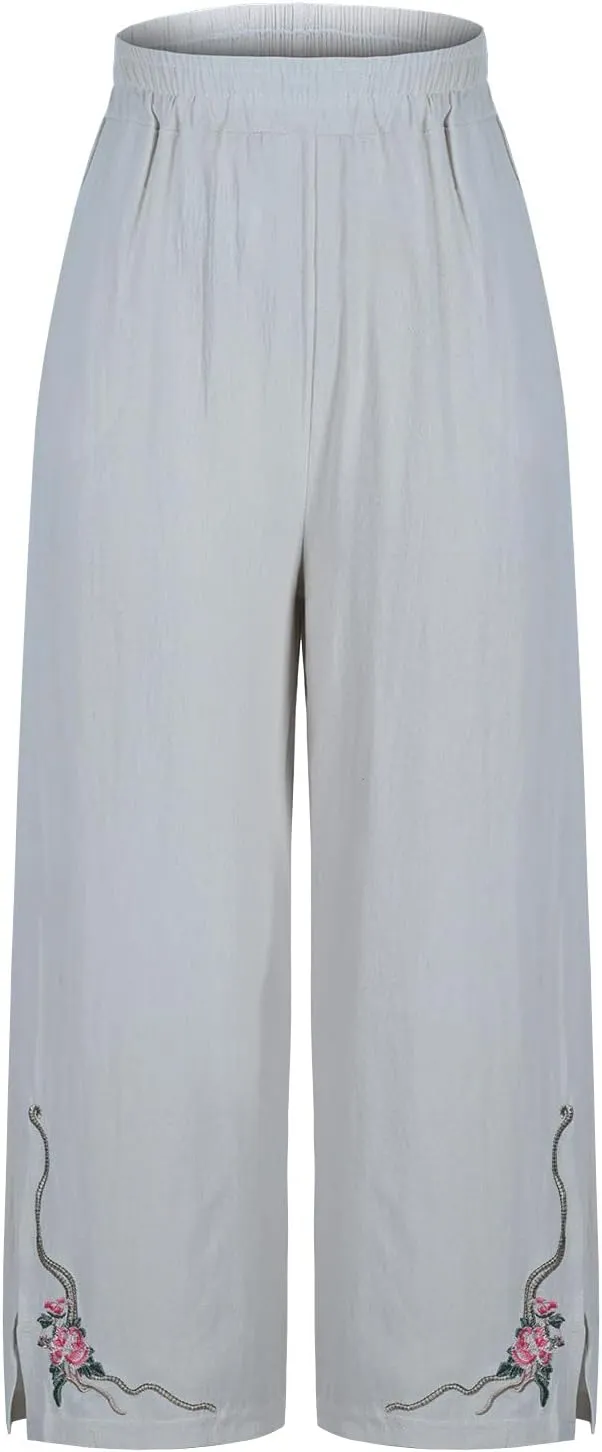 Linen Pants Women Summer Boho Floral Embroidered Pants Wide Leg Palazzo Crop Ankle Pants Comfy Lounge Trousers