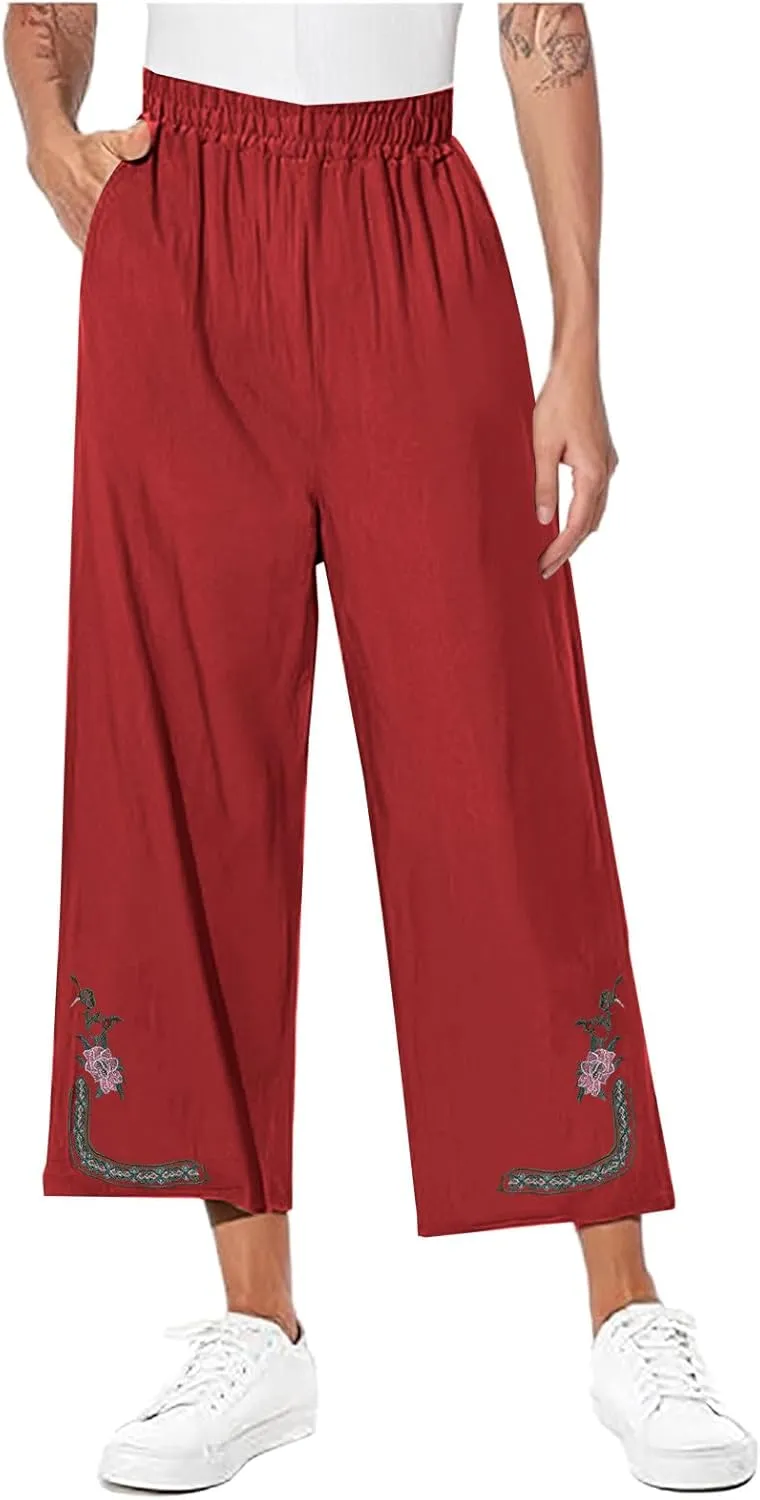 Linen Pants Women Summer Boho Floral Embroidered Pants Wide Leg Palazzo Crop Ankle Pants Comfy Lounge Trousers