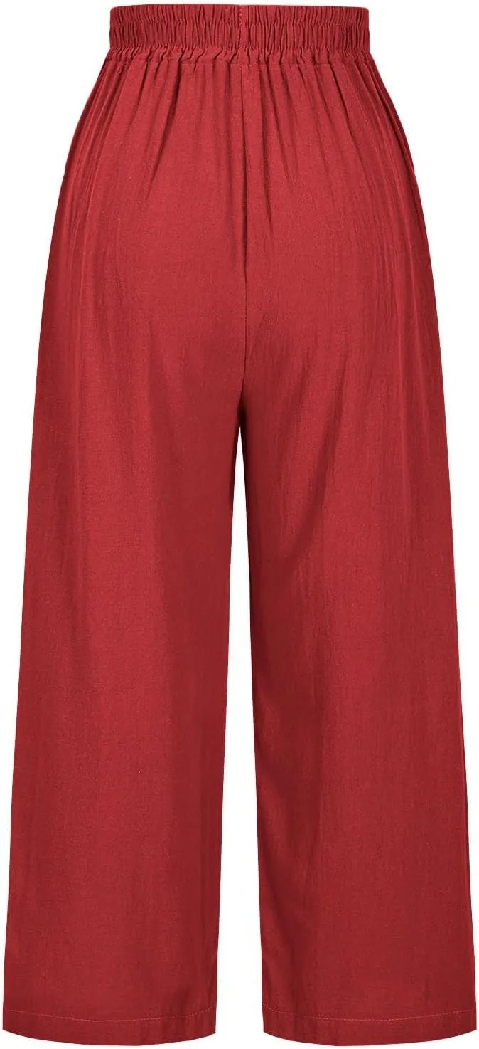 Linen Pants Women Summer Boho Floral Embroidered Pants Wide Leg Palazzo Crop Ankle Pants Comfy Lounge Trousers