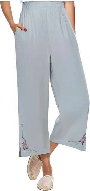 Linen Pants Women Summer Boho Floral Embroidered Pants Wide Leg Palazzo Crop Ankle Pants Comfy Lounge Trousers