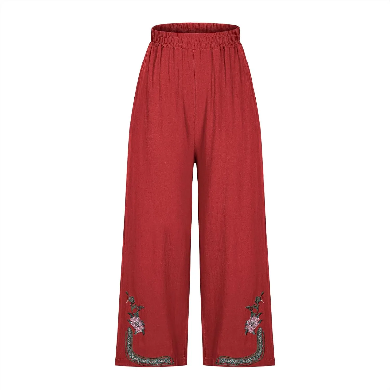 Linen Pants Women Summer Boho Floral Embroidered Pants Wide Leg Palazzo Crop Ankle Pants Comfy Lounge Trousers