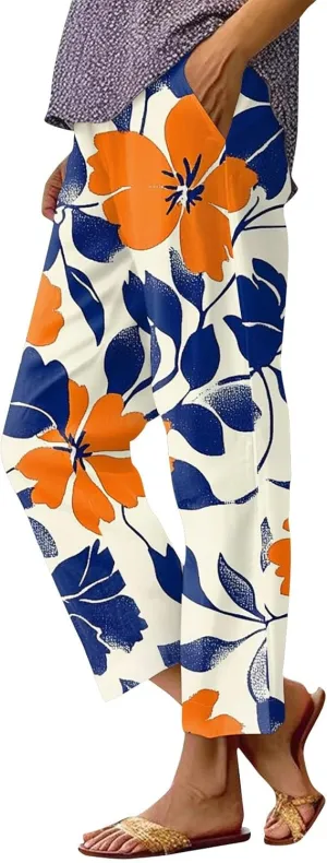 Linen Pants Women Summer Boho Wide Leg Pants High Waisted Palazzo Pant Floral Print Beach Trousers with Pockets
