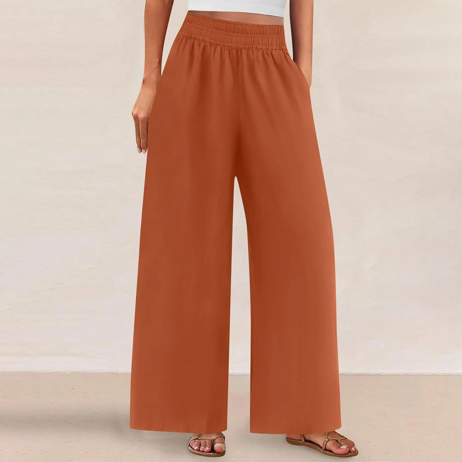 Linen Pants Women Summer Wide Leg Palazzo Pants Casual Elastic Waist Pants Vacation Flowy Linen Trousers with Pockets