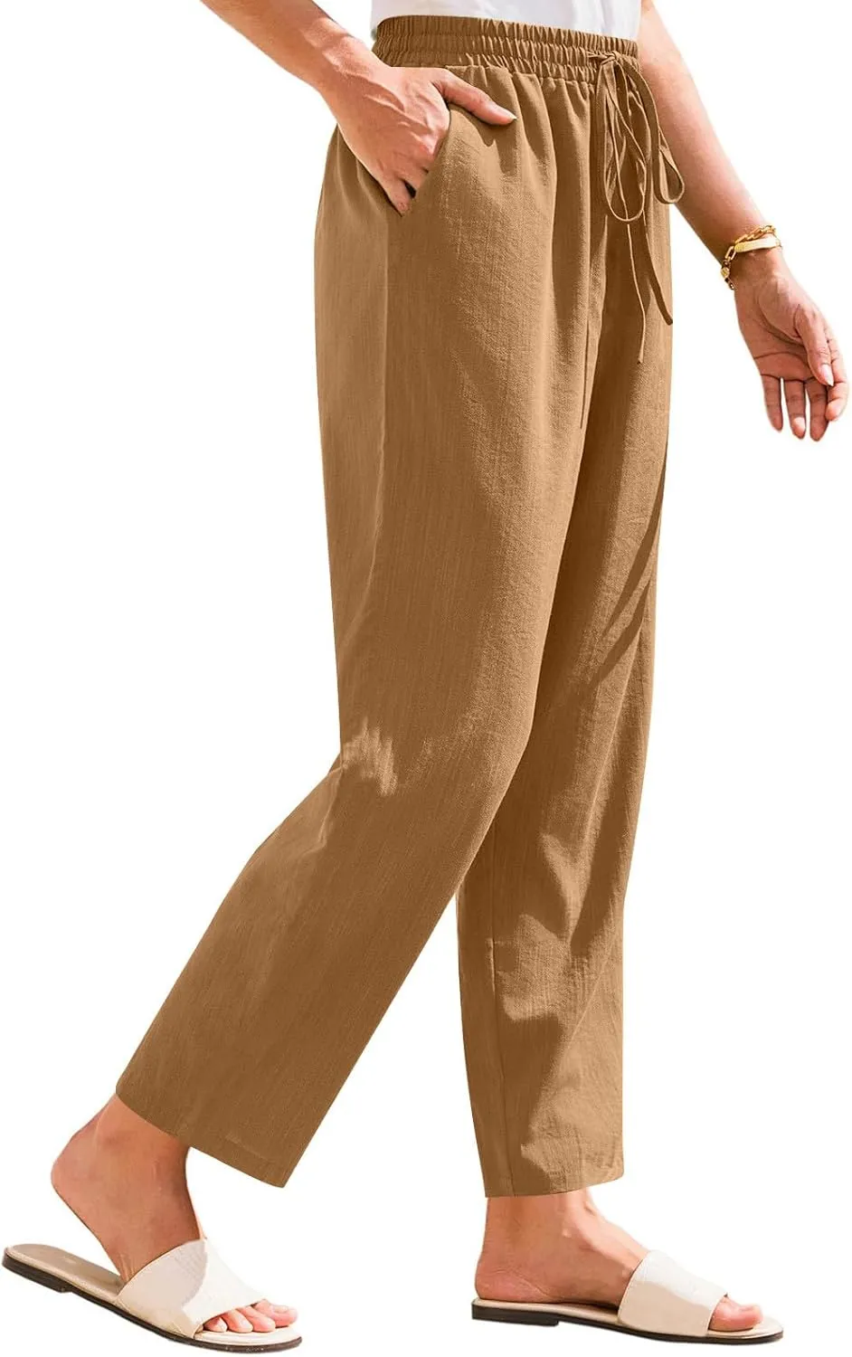 Linen Pants Women Trendy 2025 Casual Summer High Waisted Drawstring Lounge Trousers Straight Leg Pant with Pockets