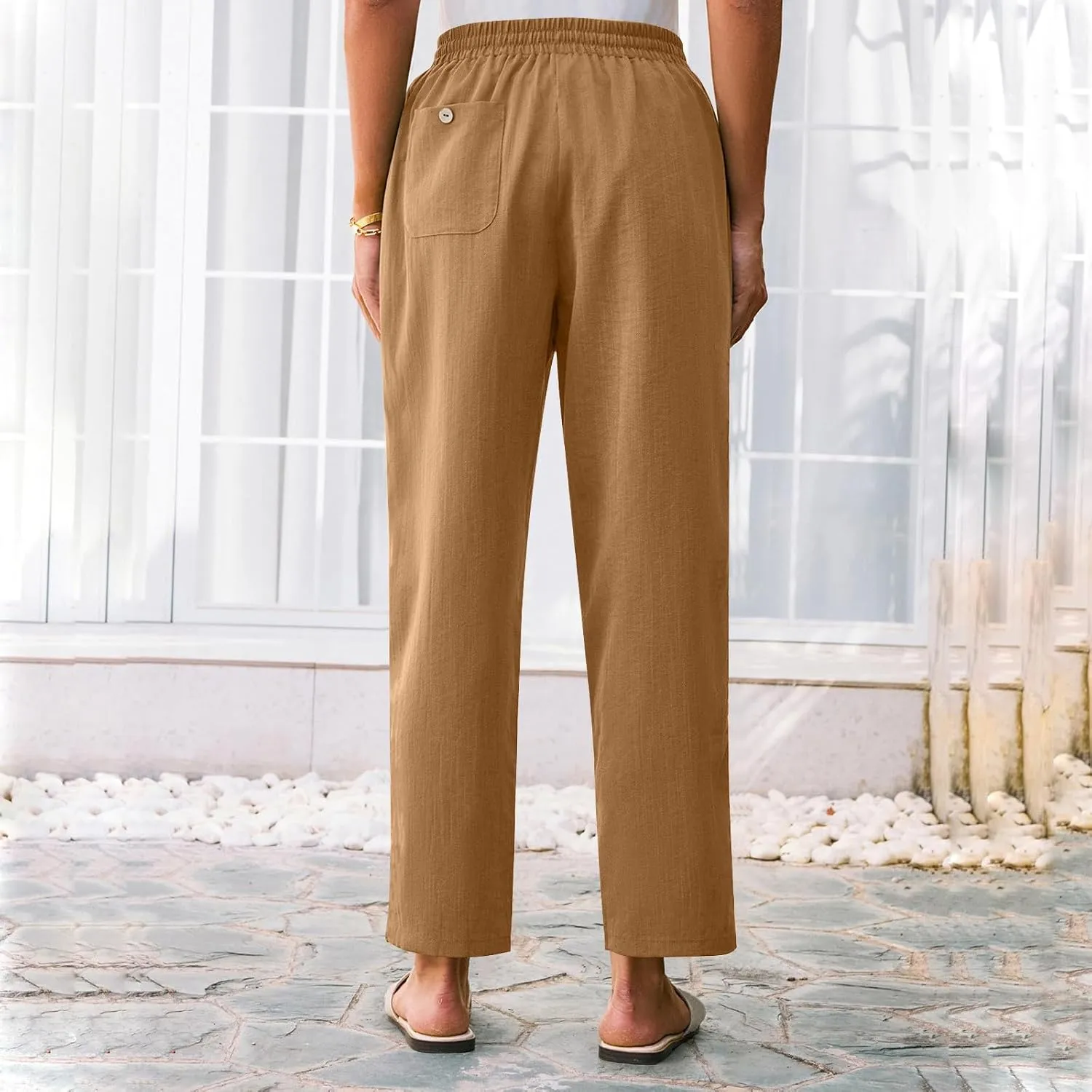 Linen Pants Women Trendy 2025 Casual Summer High Waisted Drawstring Lounge Trousers Straight Leg Pant with Pockets